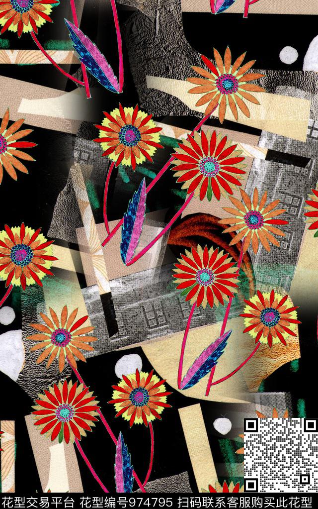 民族风抽象花卉数码印花华亿平台下载（图片编号: 974795） - 瓦栏（Walan）