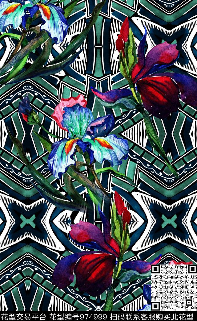 民族风抽象花卉数码印花华亿平台下载（图片编号: 974999） - 瓦栏（Walan）