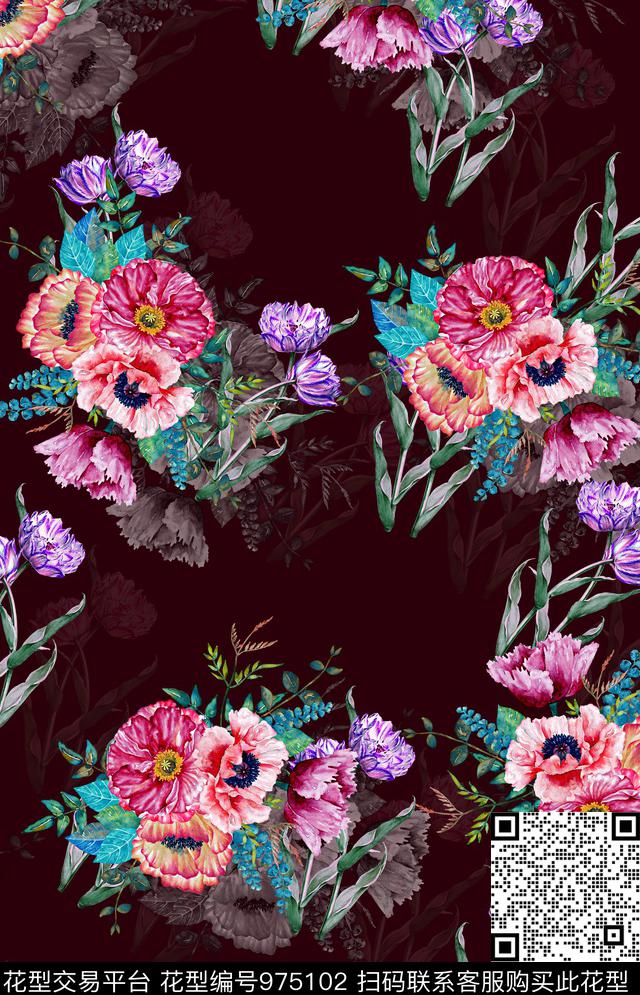 水彩花卉手绘花卉女装数码印花华亿平台下载（图片编号: 975102） - 瓦栏（Walan）