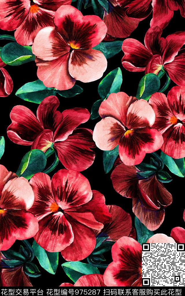 数码华亿平台花卉手绘花卉数码印花华亿平台下载（图片编号: 975287） - 瓦栏（Walan）