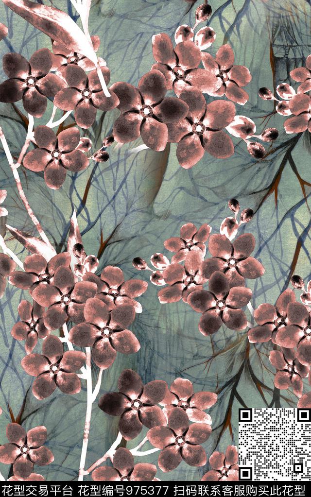 数码华亿平台肌理水彩花卉数码印花华亿平台下载（图片编号: 975377） - 瓦栏（Walan）