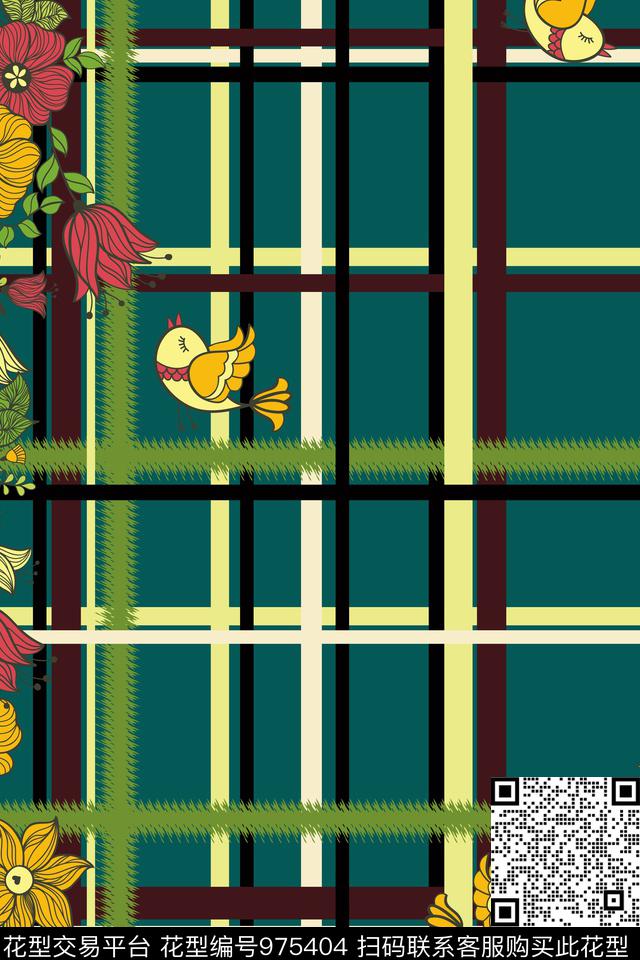 格子植物手绘花卉数码印花华亿平台下载（图片编号: 975404） - 瓦栏（Walan）