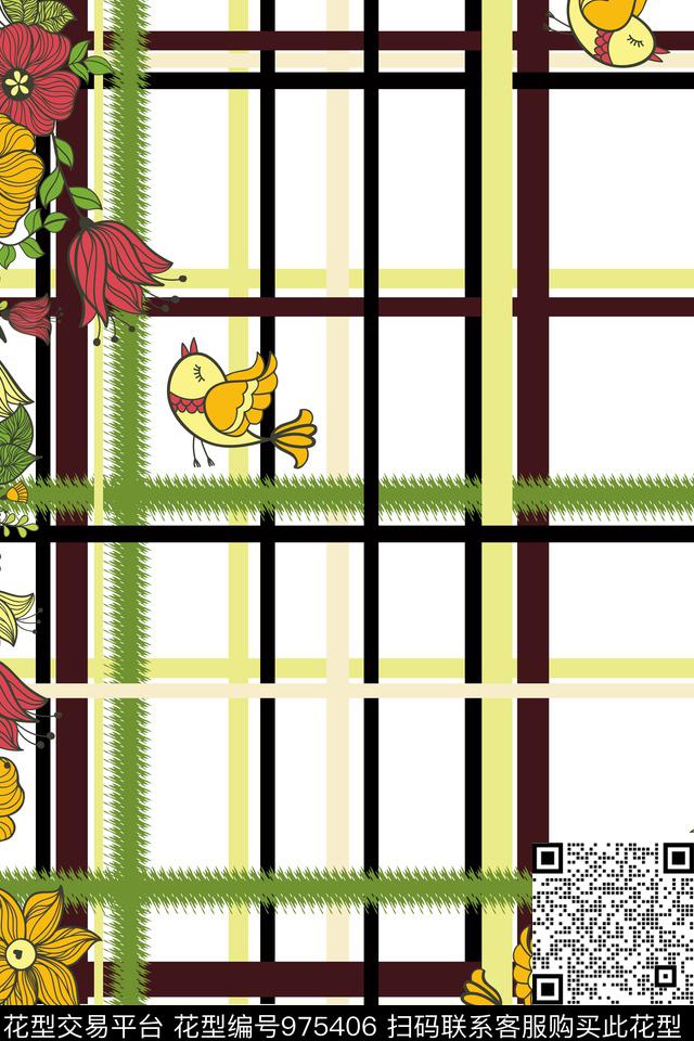 格子植物手绘花卉数码印花华亿平台下载（图片编号: 975406） - 瓦栏（Walan）