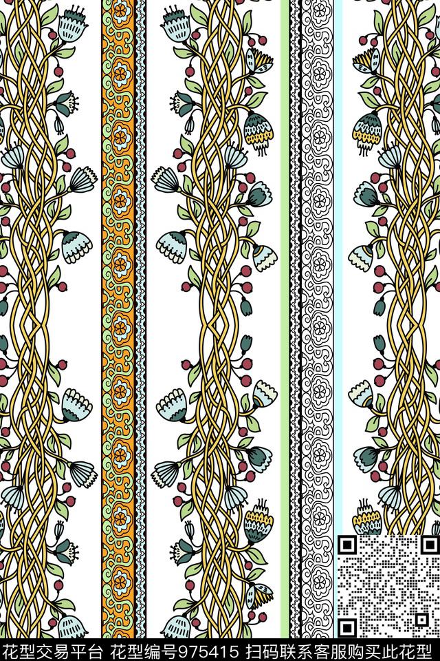 线条手绘花卉佩斯里数码印花华亿平台下载（图片编号: 975415） - 瓦栏（Walan）