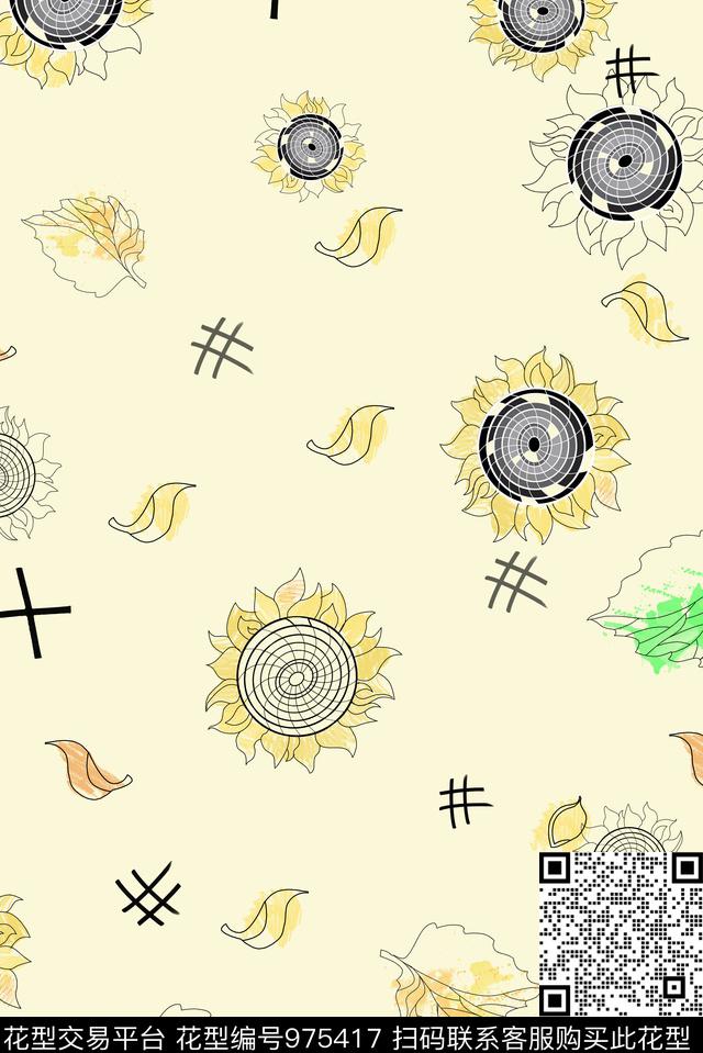 向日葵花瓣绿植树叶数码印花华亿平台下载（图片编号: 975417） - 瓦栏（Walan）