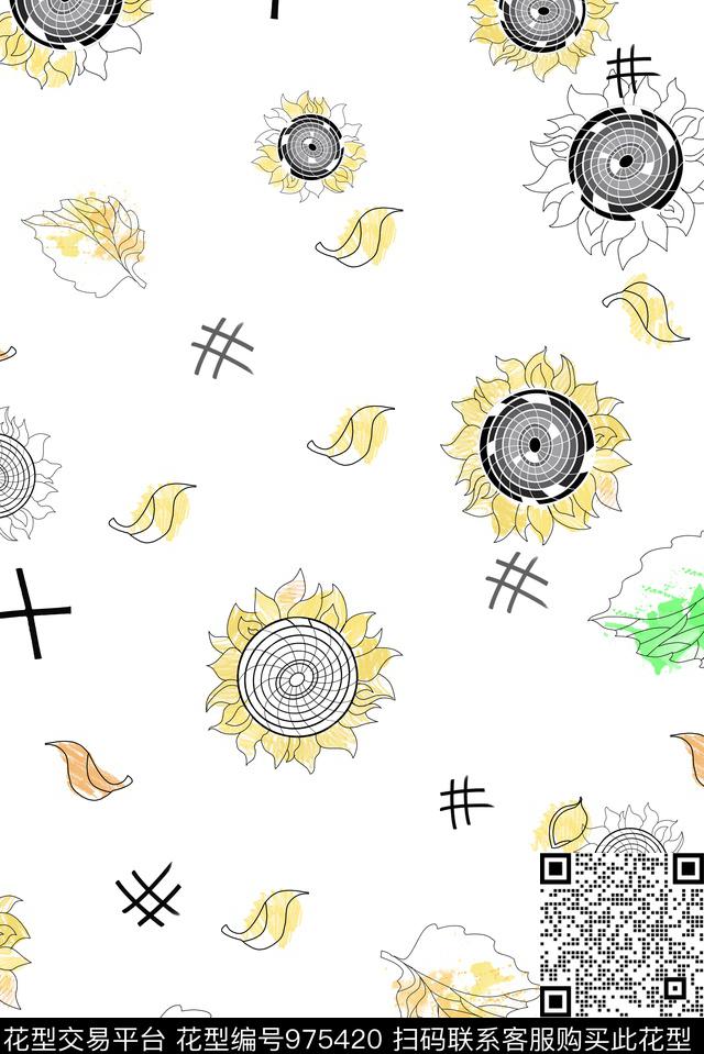 向日葵花瓣绿植树叶数码印花华亿平台下载（图片编号: 975420） - 瓦栏（Walan）