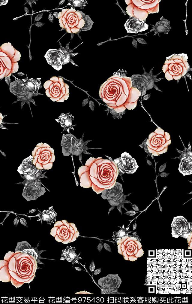手绘玫瑰花卉女装数码印花华亿平台下载（图片编号: 975430） - 瓦栏（Walan）