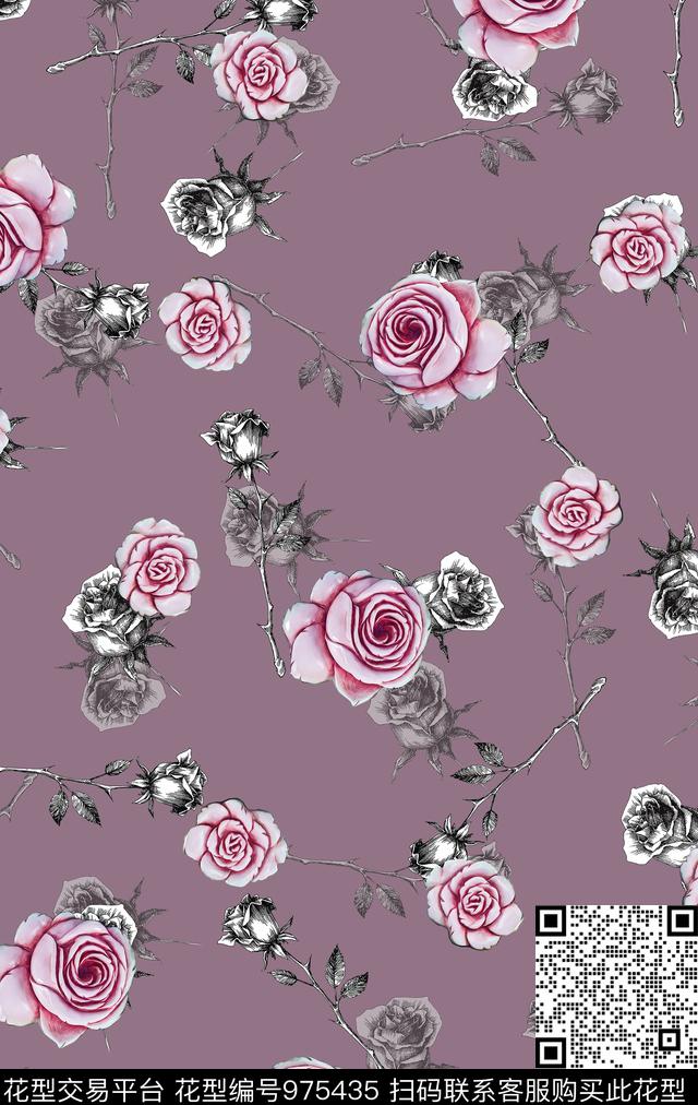 手绘玫瑰花卉女装数码印花华亿平台下载（图片编号: 975435） - 瓦栏（Walan）