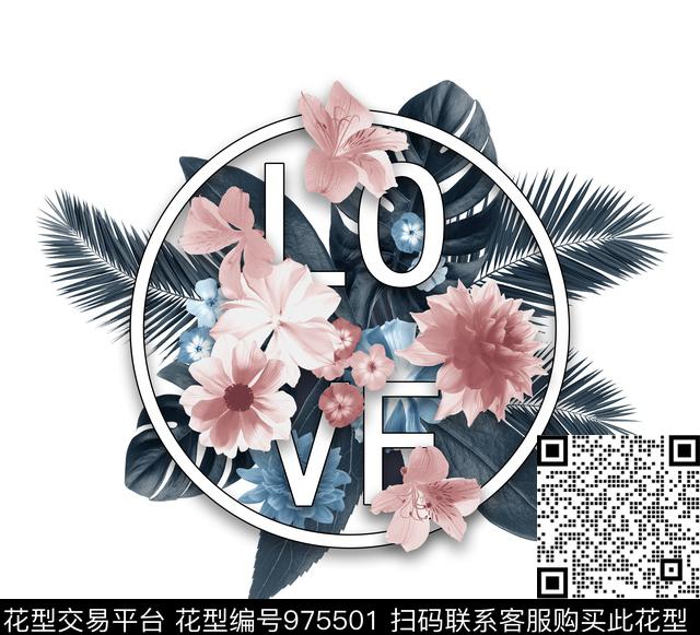 大花卉胸前独幅字母数码印花华亿平台下载（图片编号: 975501） - 瓦栏（Walan）