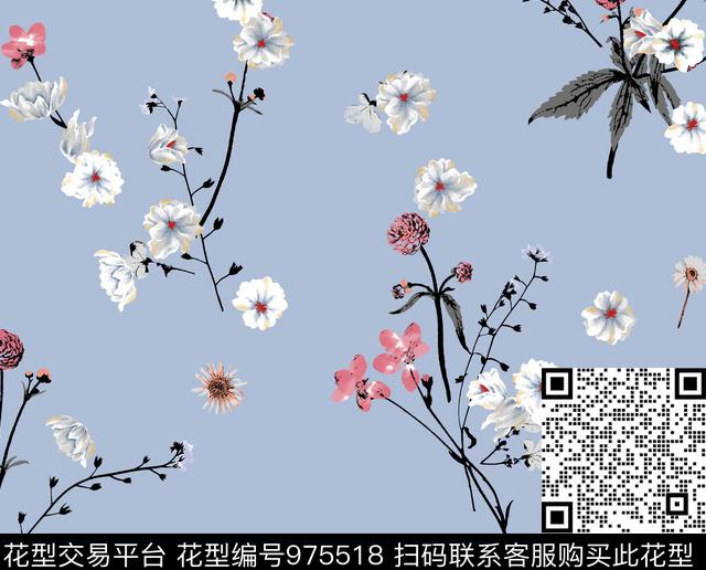 水彩花卉干花花卉数码印花华亿平台下载（图片编号: 975518） - 瓦栏（Walan）
