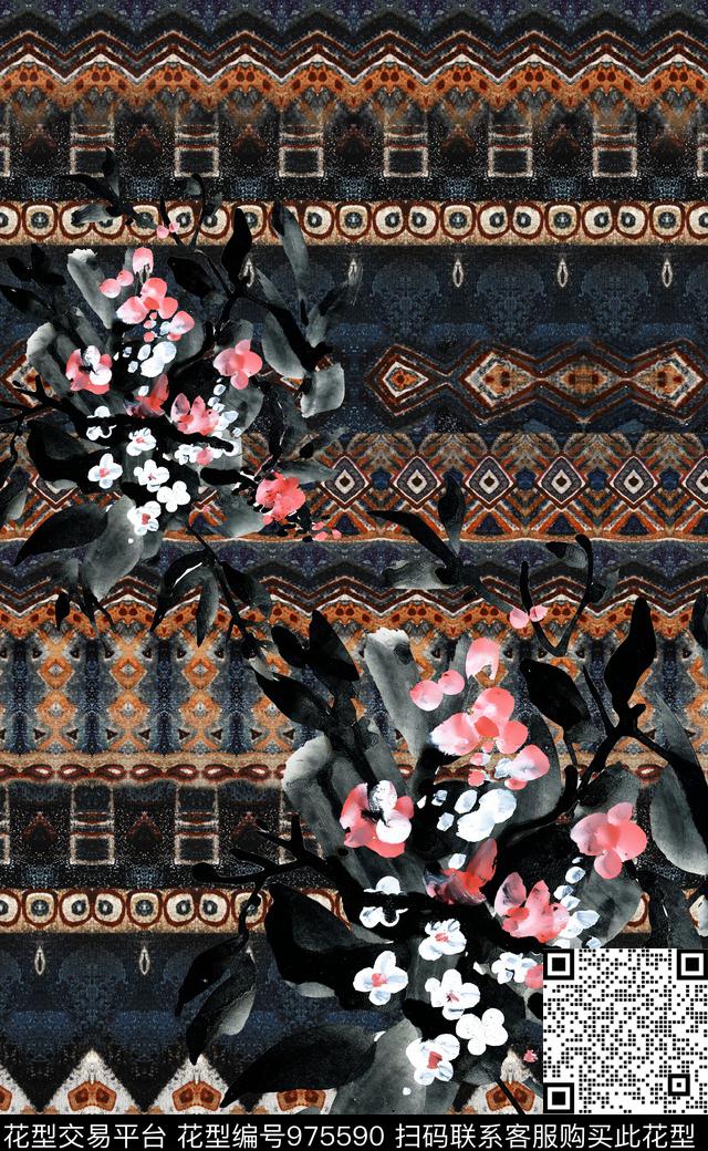 民族风抽象花卉数码印花华亿平台下载（图片编号: 975590） - 瓦栏（Walan）