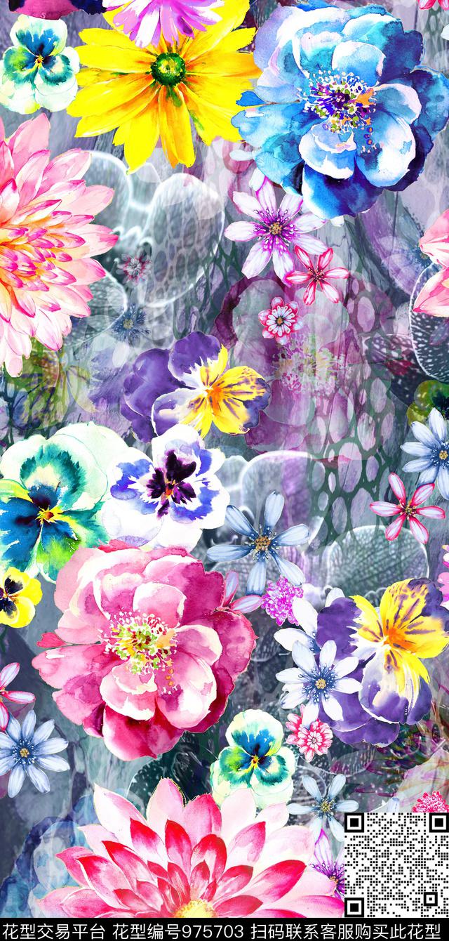 手绘花卉抽象花卉蝴蝶兰数码印花华亿平台下载（图片编号: 975703） - 瓦栏（Walan）