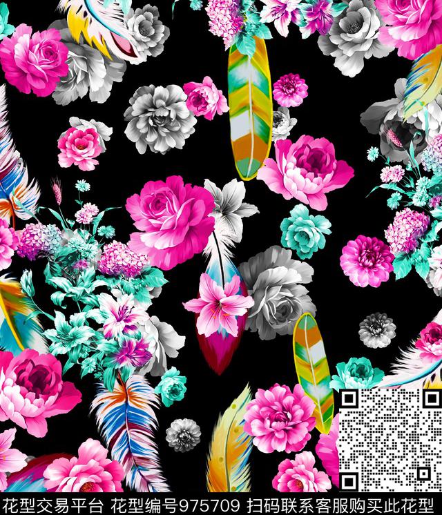 手绘花卉时尚潮流手绘羽毛数码印花华亿平台下载（图片编号: 975709） - 瓦栏（Walan）
