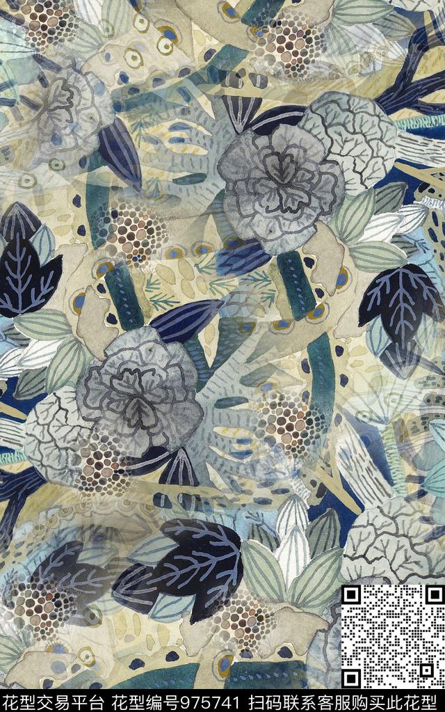 民族风抽象花卉数码印花华亿平台下载（图片编号: 975741） - 瓦栏（Walan）