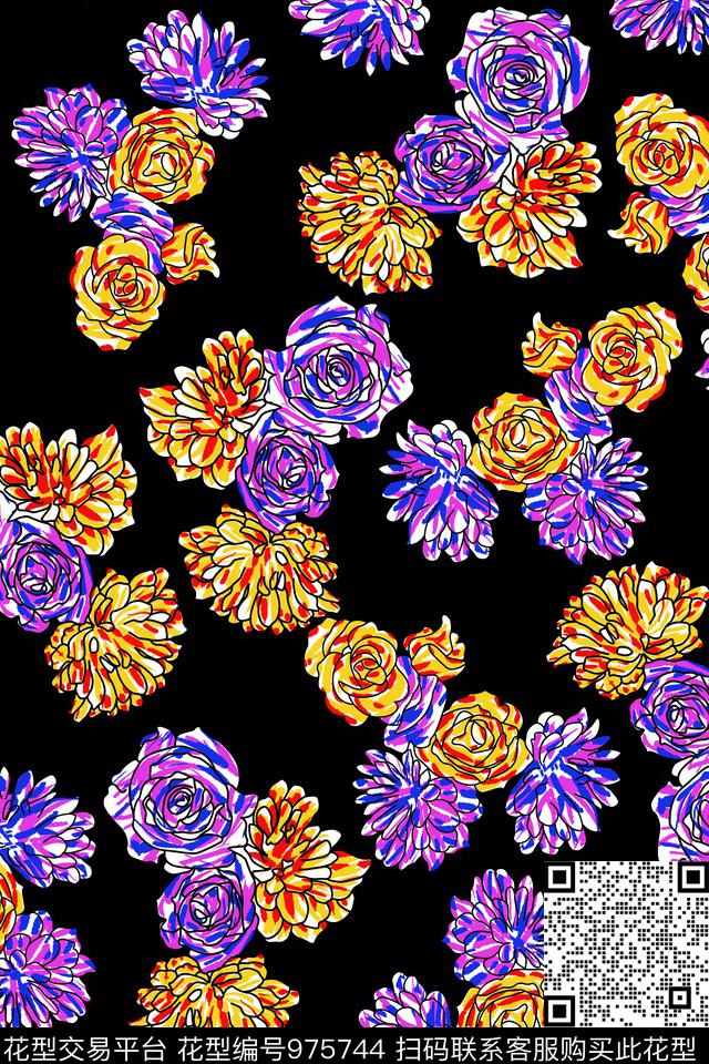 花卉笔触女装传统印花华亿平台下载（图片编号: 975744） - 瓦栏（Walan）