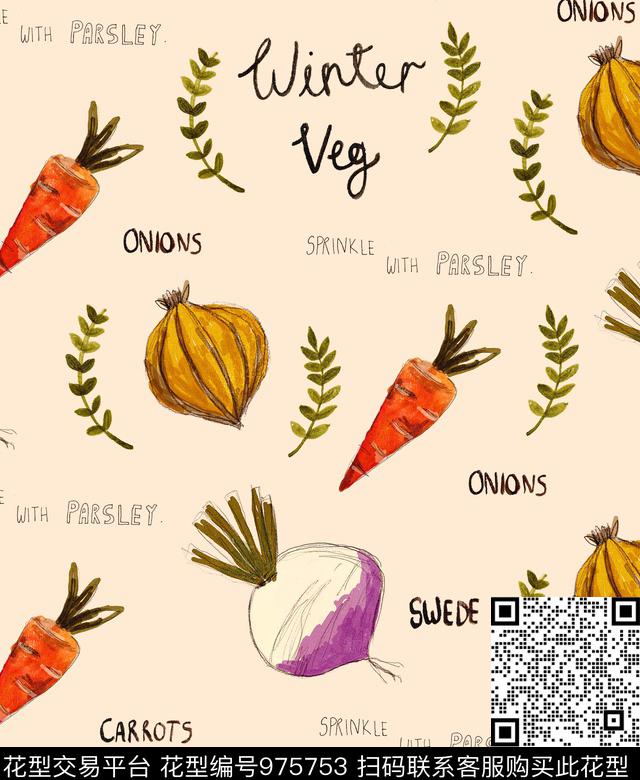 字母手绘蔬菜手绘萝卜数码印花华亿平台下载（图片编号: 975753） - 瓦栏（Walan）