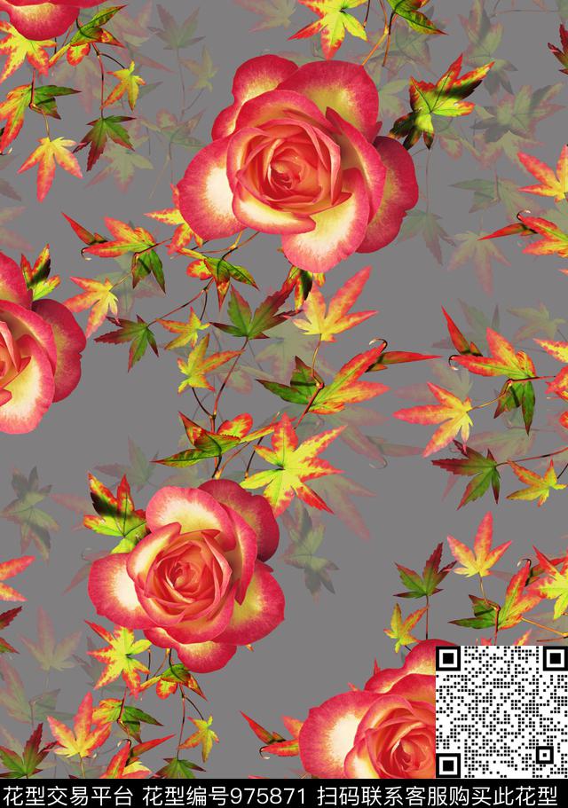 多肉手绘玫瑰民族花卉数码印花华亿平台下载（图片编号: 975871） - 瓦栏（Walan）