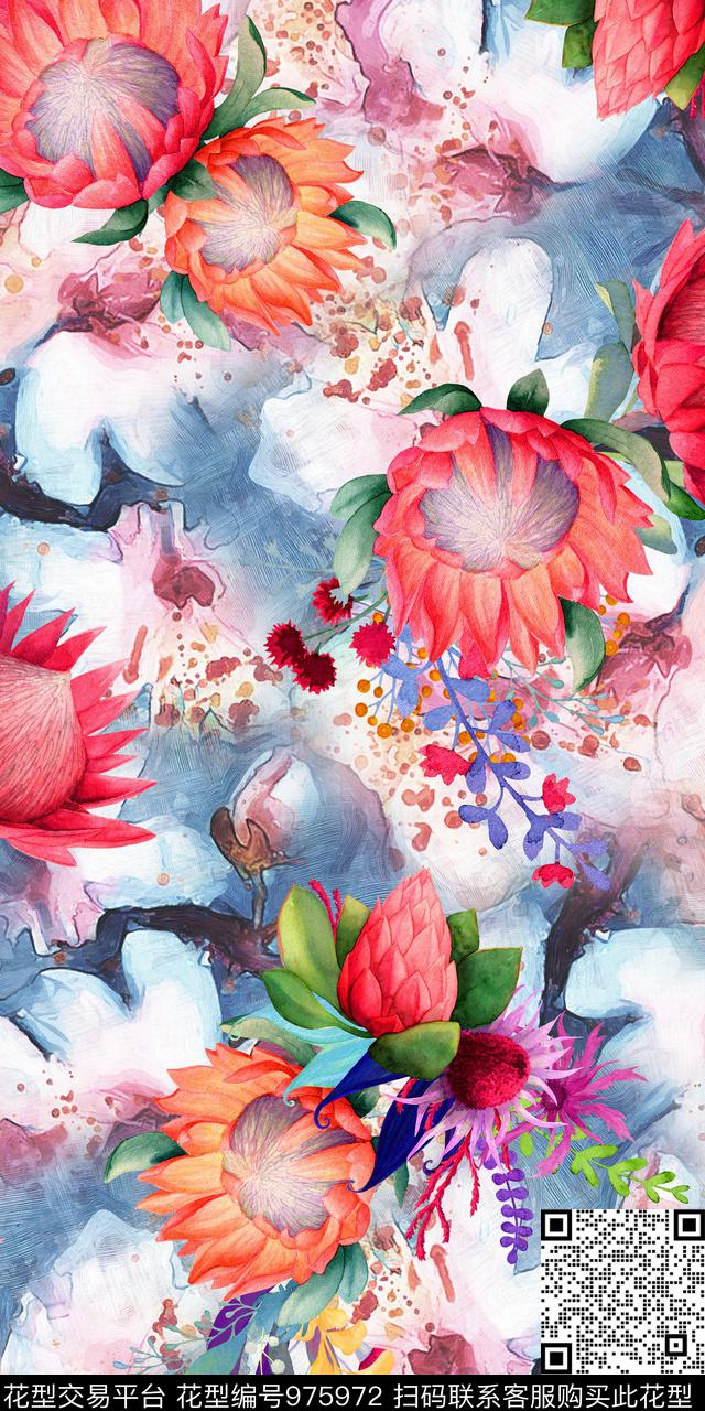 数码华亿平台水彩花卉手绘花卉数码印花华亿平台下载（图片编号: 975972） - 瓦栏（Walan）