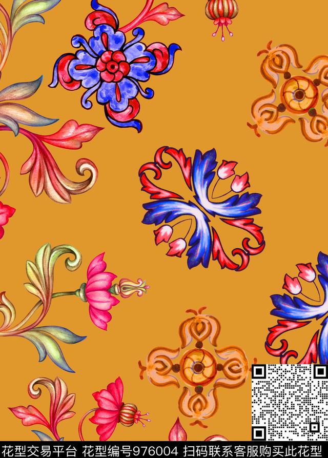 花卉复古花纹数码印花华亿平台下载（图片编号: 976004） - 瓦栏（Walan）