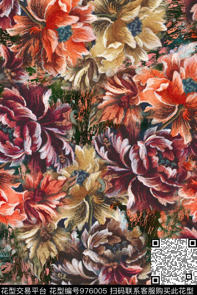 花卉复古手绘花卉数码印花华亿平台下载（图片编号: 976005） - 瓦栏（Walan）