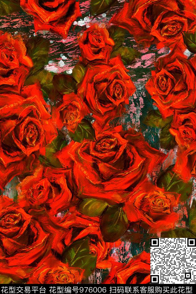 花卉复古手绘花卉数码印花华亿平台下载（图片编号: 976006） - 瓦栏（Walan）