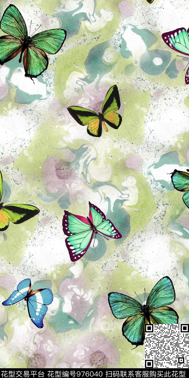 蝴蝶清爽底花卉抽象底纹数码印花华亿平台下载（图片编号: 976040） - 瓦栏（Walan）