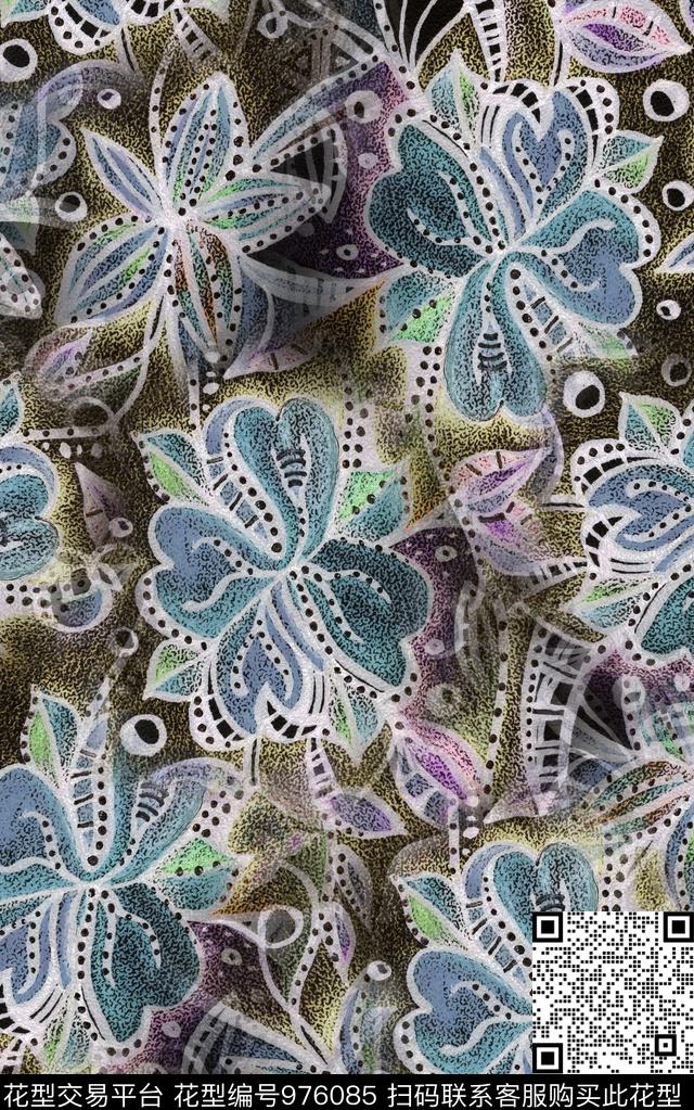 民族风抽象花卉数码印花华亿平台下载（图片编号: 976085） - 瓦栏（Walan）