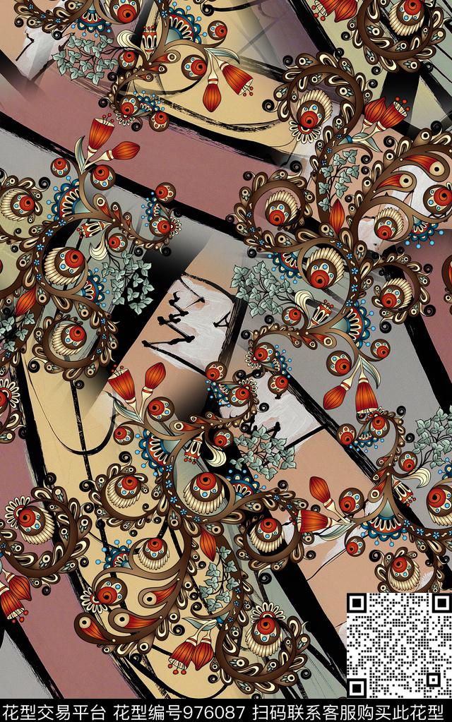 民族风抽象花卉数码印花华亿平台下载（图片编号: 976087） - 瓦栏（Walan）
