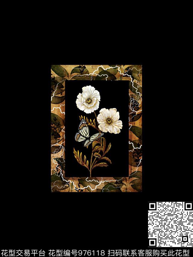 花卉蝴蝶复古画框数码印花华亿平台下载（图片编号: 976118） - 瓦栏（Walan）