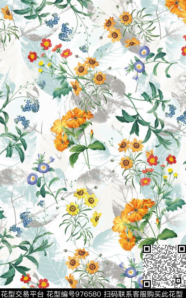 数码华亿平台肌理清爽底花卉数码印花华亿平台下载（图片编号: 976580） - 瓦栏（Walan）