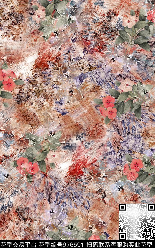 数码华亿平台肌理手绘花卉数码印花华亿平台下载（图片编号: 976591） - 瓦栏（Walan）