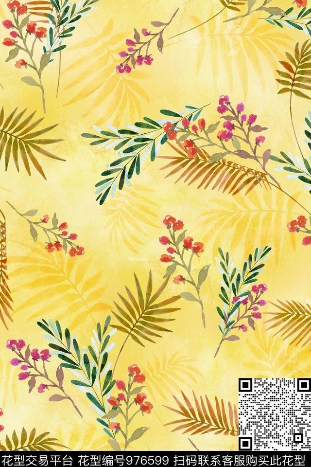 数码华亿平台手绘花卉绿植树叶数码印花华亿平台下载（图片编号: 976599） - 瓦栏（Walan）