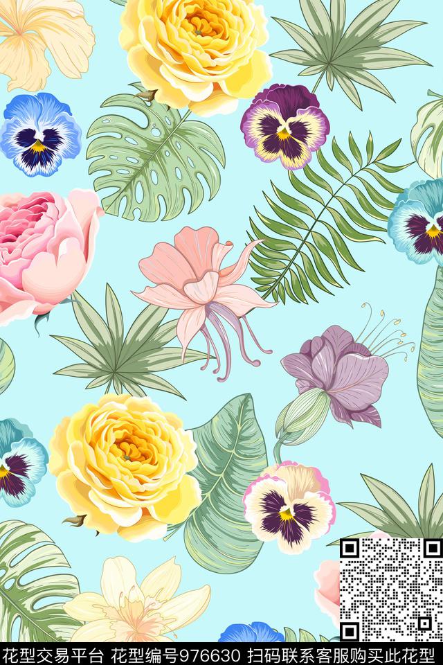 小碎花大花花卉数码印花华亿平台下载（图片编号: 976630） - 瓦栏（Walan）