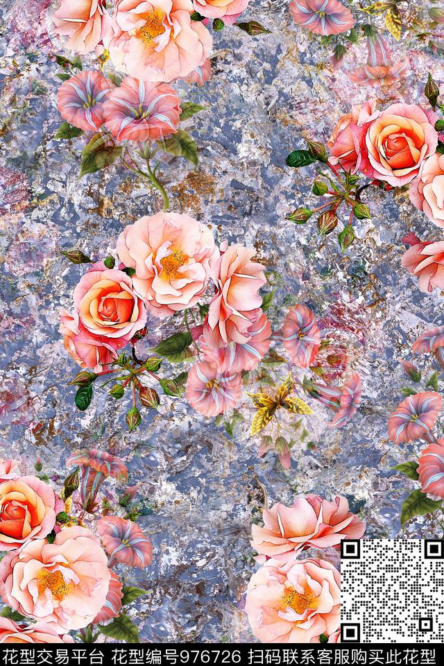小碎花满版散花玫瑰花数码印花华亿平台下载（图片编号: 976726） - 瓦栏（Walan）