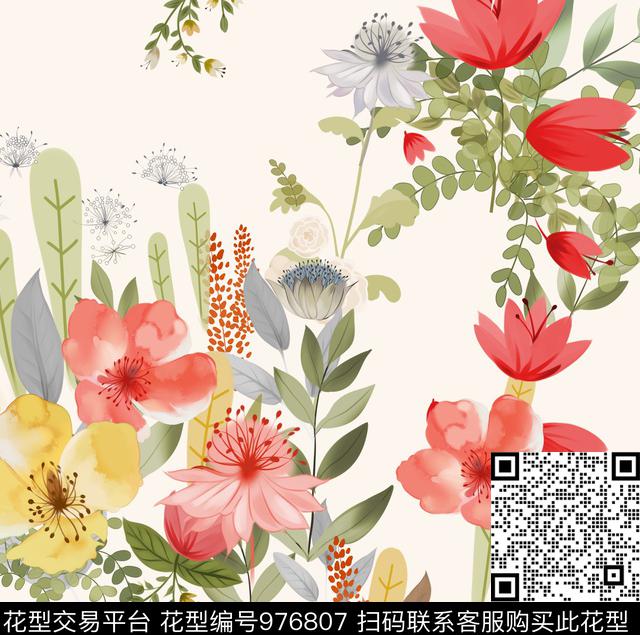 水彩花卉女装沙发布传统印花华亿平台下载（图片编号: 976807） - 瓦栏（Walan）