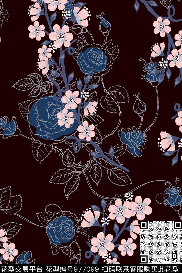 黑底花卉花卉梅花传统印花华亿平台下载（图片编号: 977099） - 瓦栏（Walan）