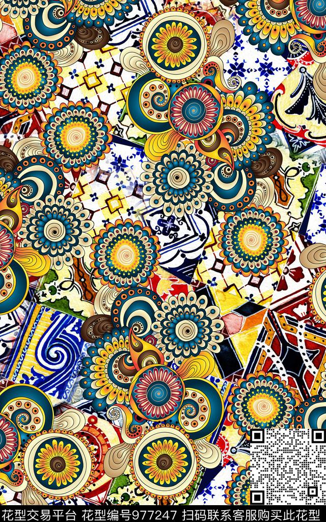 民族风抽象花卉数码印花华亿平台下载（图片编号: 977247） - 瓦栏（Walan）