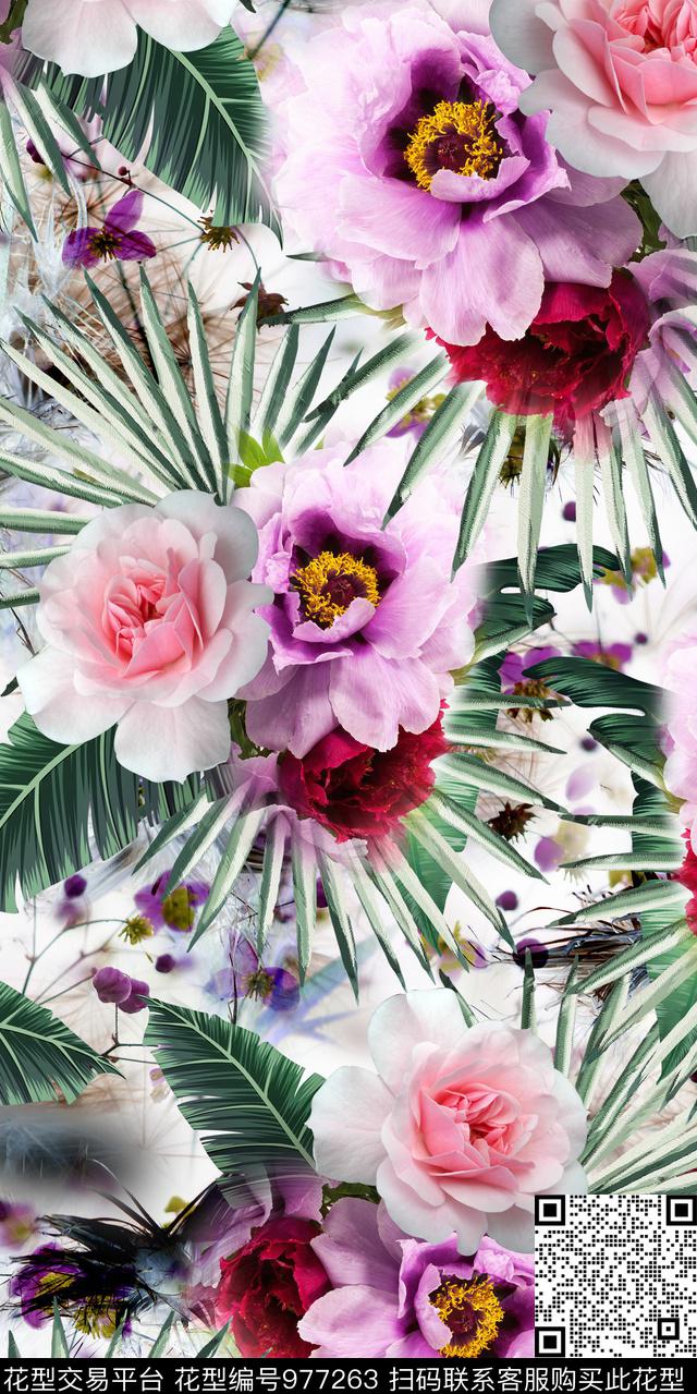 大花花卉热带华亿平台数码印花华亿平台下载（图片编号: 977263） - 瓦栏（Walan）