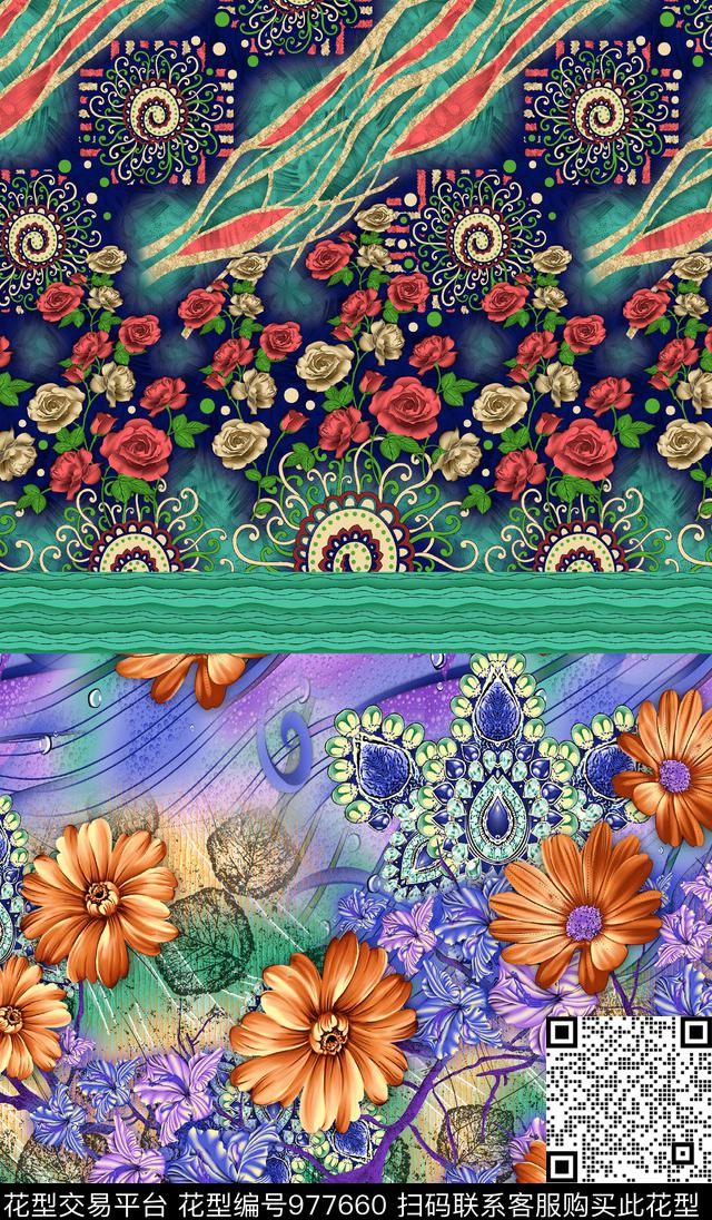 民族花卉定位花真丝雪纺华亿平台数码印花华亿平台下载（图片编号: 977660） - 瓦栏（Walan）
