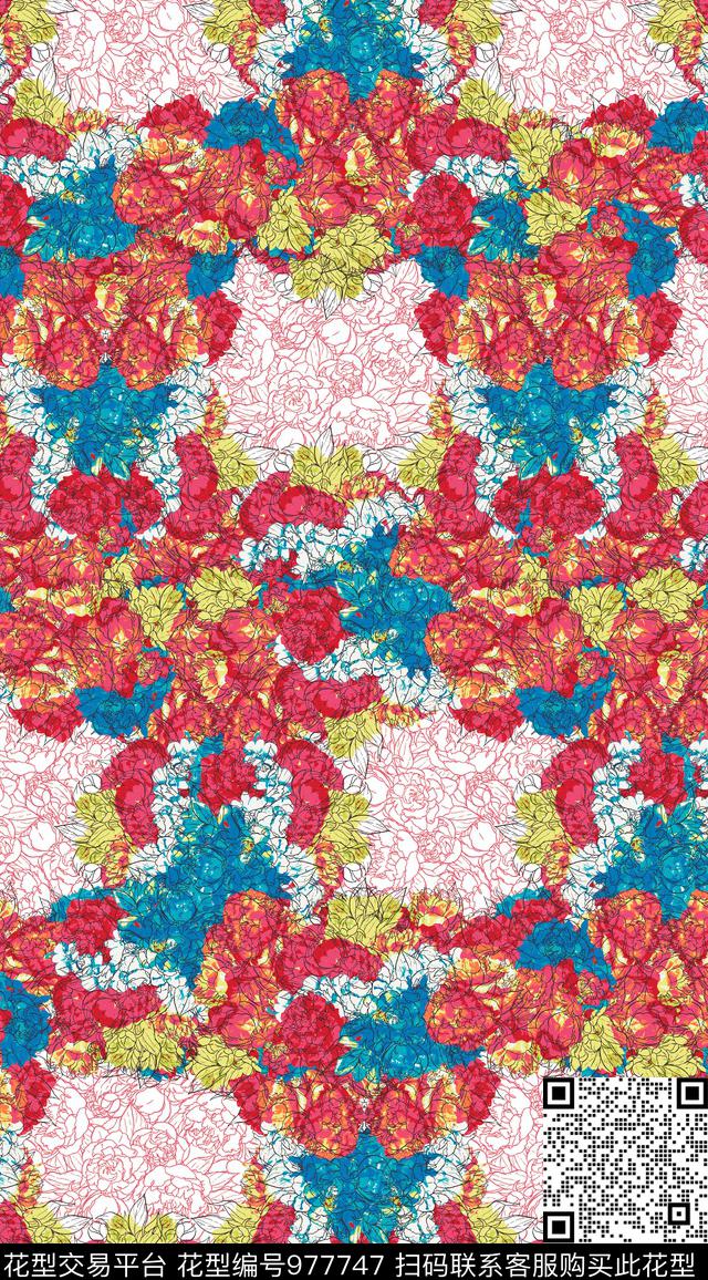手绘花卉抽象花卉牡丹数码印花华亿平台下载（图片编号: 977747） - 瓦栏（Walan）