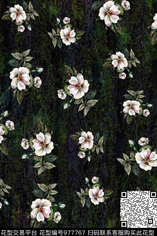 花卉女装树皮纹理数码印花华亿平台下载（图片编号: 977767） - 瓦栏（Walan）