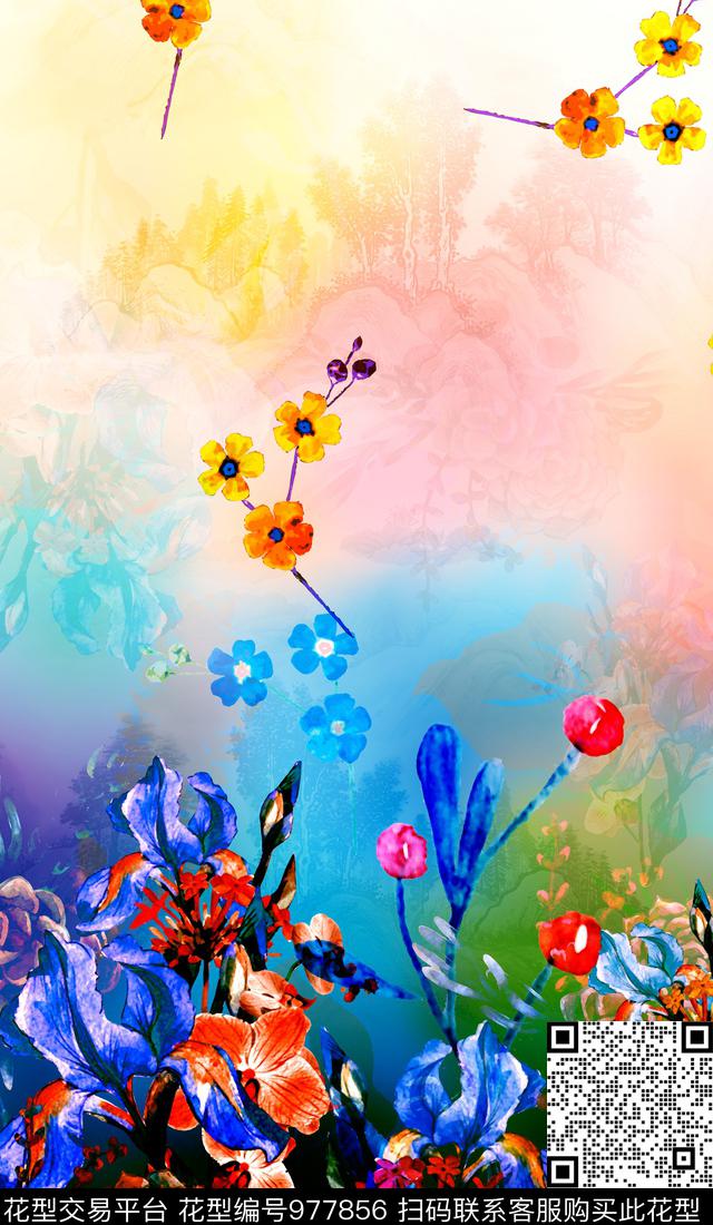 数码华亿平台彩底花卉朦胧花卉数码印花华亿平台下载（图片编号: 977856） - 瓦栏（Walan）