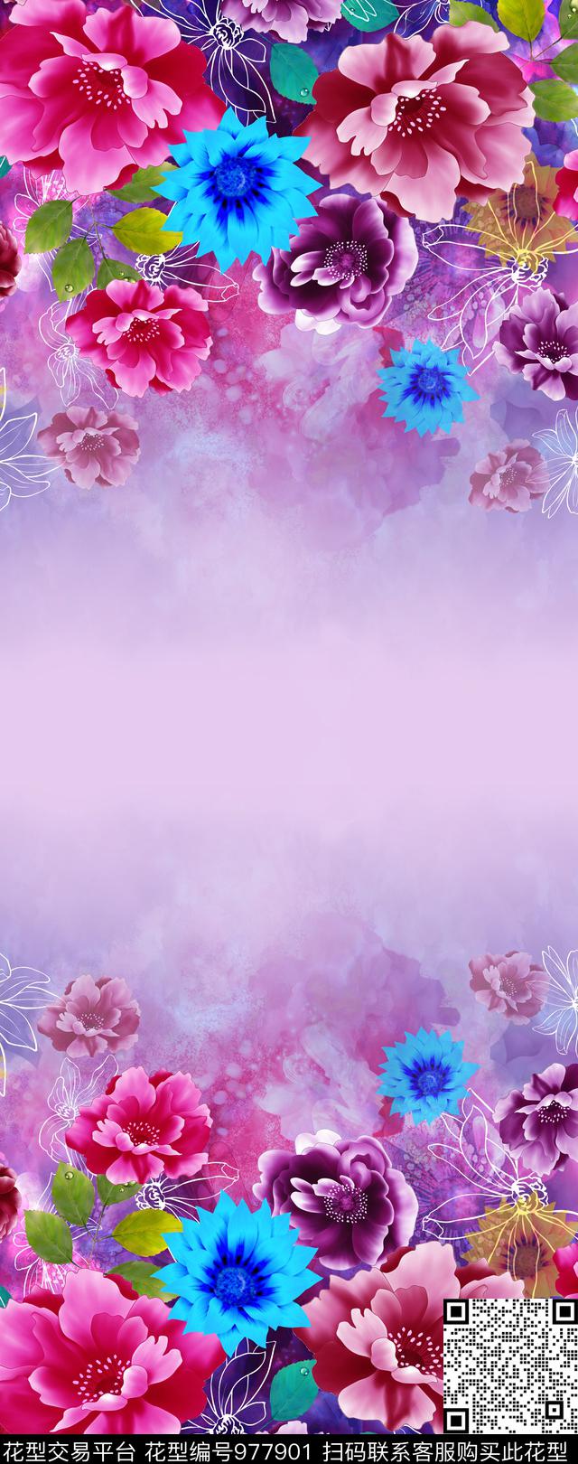 手绘花卉定位花数码印花华亿平台下载（图片编号: 977901） - 瓦栏（Walan）