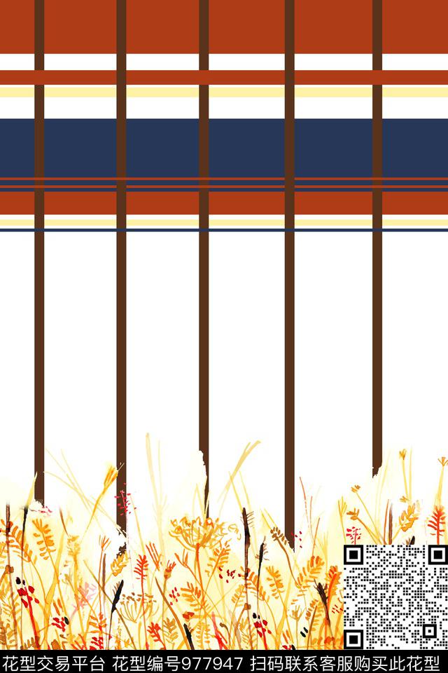 格子条纹手绘花卉数码印花华亿平台下载（图片编号: 977947） - 瓦栏（Walan）