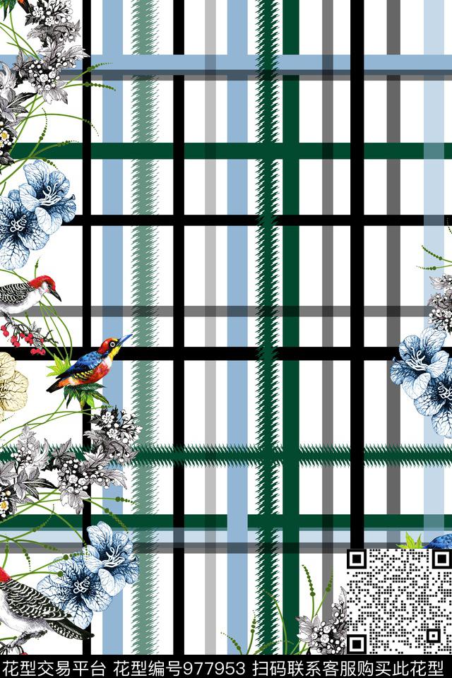 格子条纹鸟数码印花华亿平台下载（图片编号: 977953） - 瓦栏（Walan）