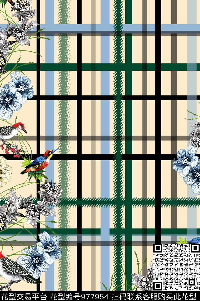 格子条纹鸟数码印花华亿平台下载（图片编号: 977954） - 瓦栏（Walan）