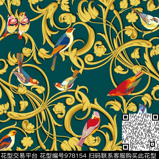 卷草泳装花鸟数码印花华亿平台下载（图片编号: 978154） - 瓦栏（Walan）