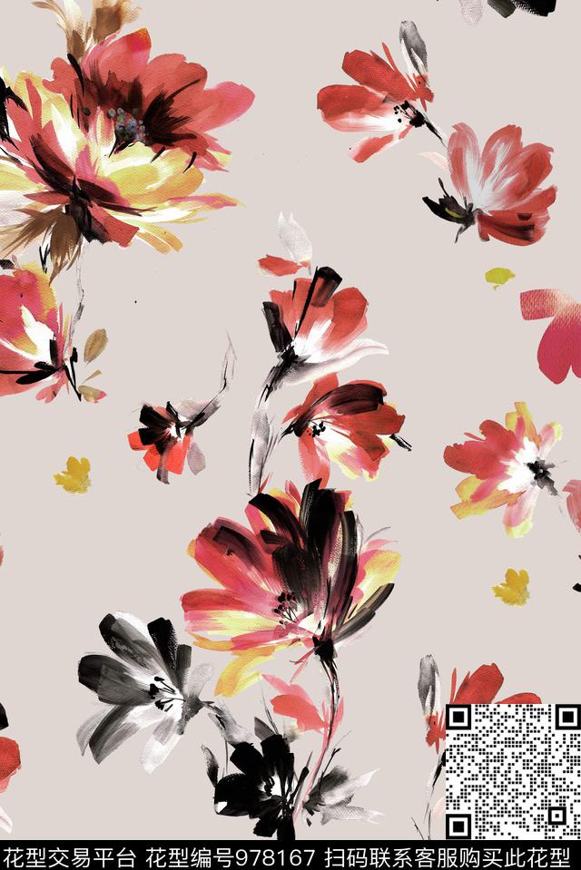 肌理水彩花卉手绘花卉数码印花华亿平台下载（图片编号: 978167） - 瓦栏（Walan）
