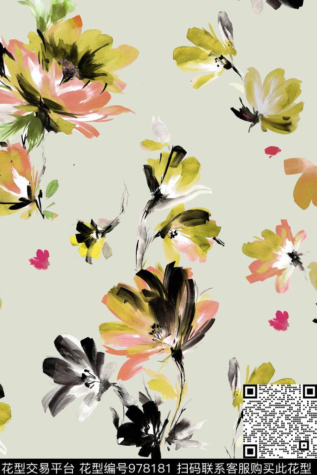肌理水彩花卉手绘花卉数码印花华亿平台下载（图片编号: 978181） - 瓦栏（Walan）