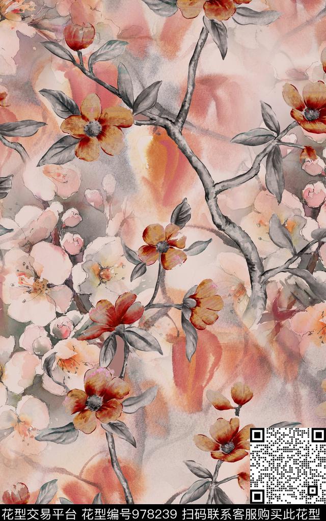 水彩花卉花卉中国风数码印花华亿平台下载（图片编号: 978239） - 瓦栏（Walan）